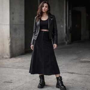 Black Corduroy Large Midi Skirt High Rise Panel Seamed Raw Hem Street‎ Edge Y2K